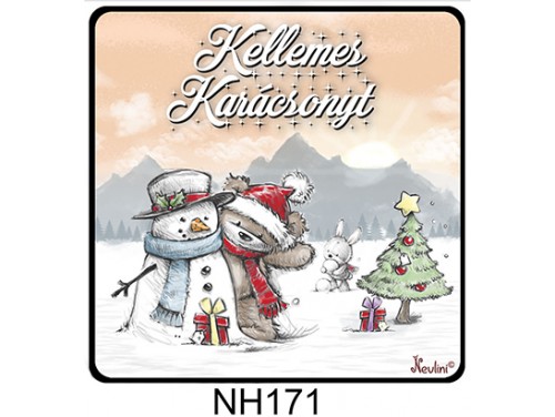 (NH171) Hűtőmágnes 7,5 cm x 7,5 cm - Maci és hóember – Karácsonyi Ajándékok